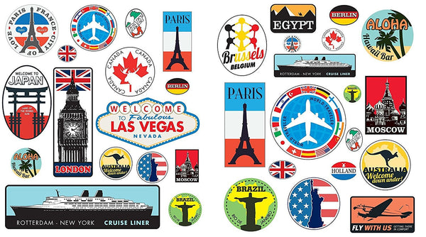 Peel and stick 36 Retro Vintage old fashioned style luggage suitcase travel stickers stick on