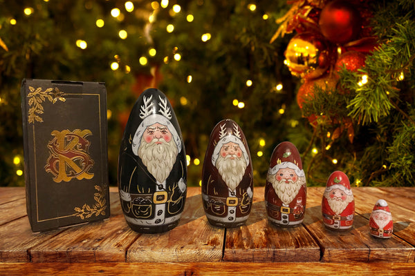 Handcrafted large Krampus russian dolls nesting sets - turns into father christmas 5 piece set