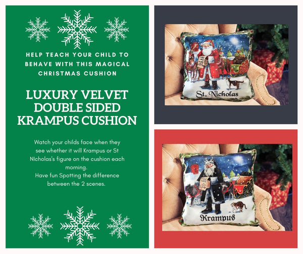 Large double sided luxury velvet cushion christmas Krampus Santa Encourages your child to be good.