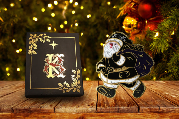 Handmade double sided Krampus Santa christmas tree decoration gold edging Encourages your child to be good.